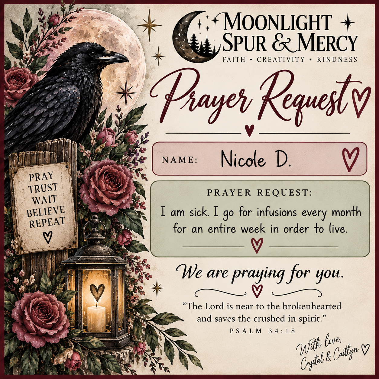 Prayer request card with a raven, flowers, a lantern, and a message of prayer