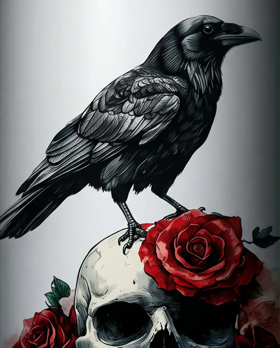 Close-up artwork of raven, skull, and red roses on the water bottle
