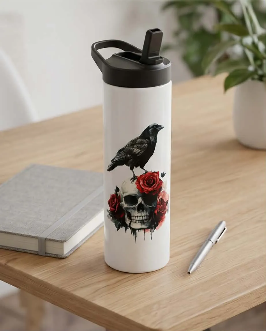 Raven and Roses Skull water bottle with black straw lid