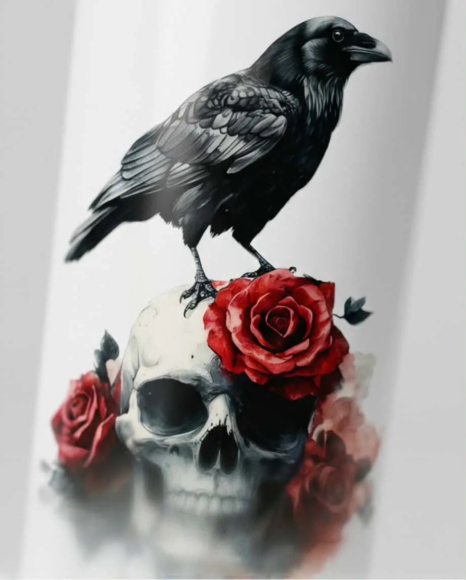 Close-up of the Raven and Roses Skull water bottle design