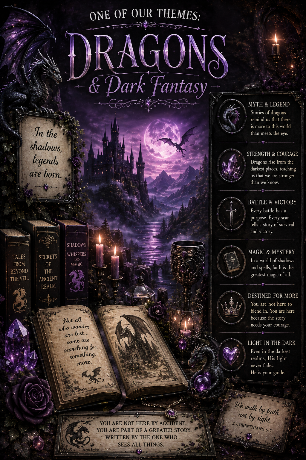Dragons and Dark Fantasy scoop theme artwork with dragons, a castle, moonlight, purple crystals, books, and candlelight