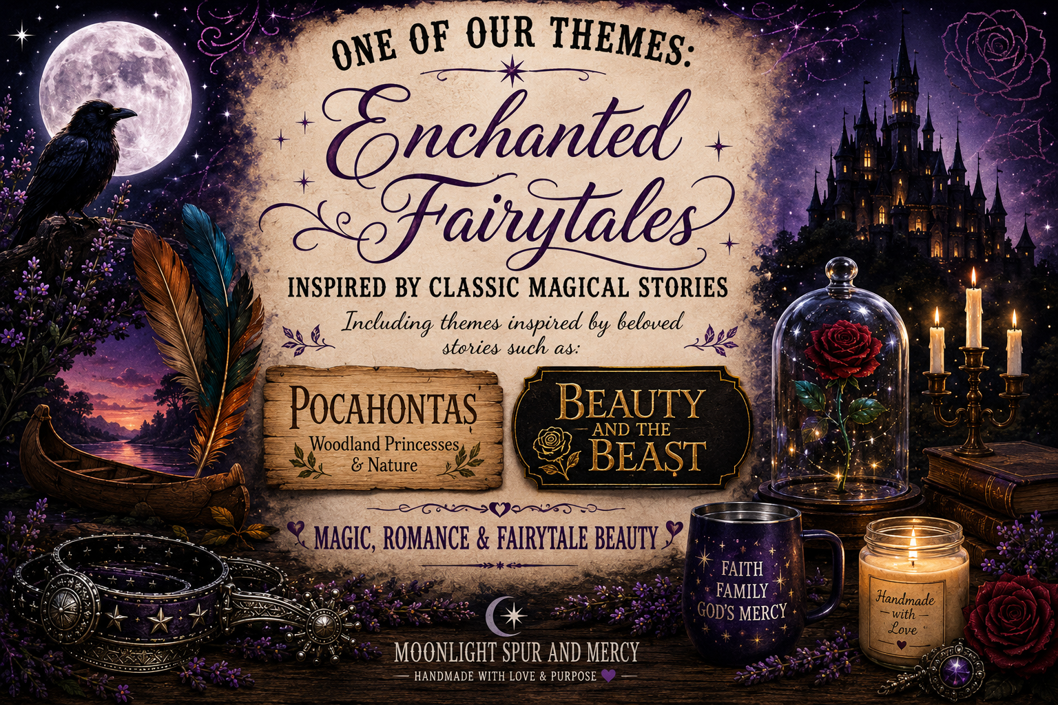Enchanted Fairytales scoop theme artwork with a castle, raven, enchanted rose, candlelight, and magical story details
