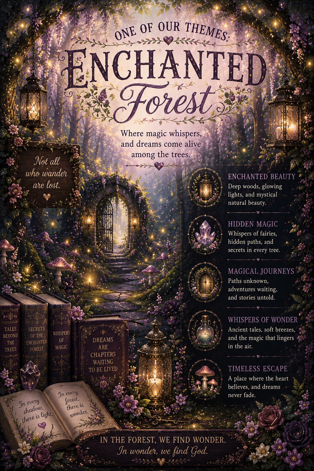 Enchanted Forest scoop theme artwork with glowing forest paths, lanterns, books, magical mushrooms, and purple flowers