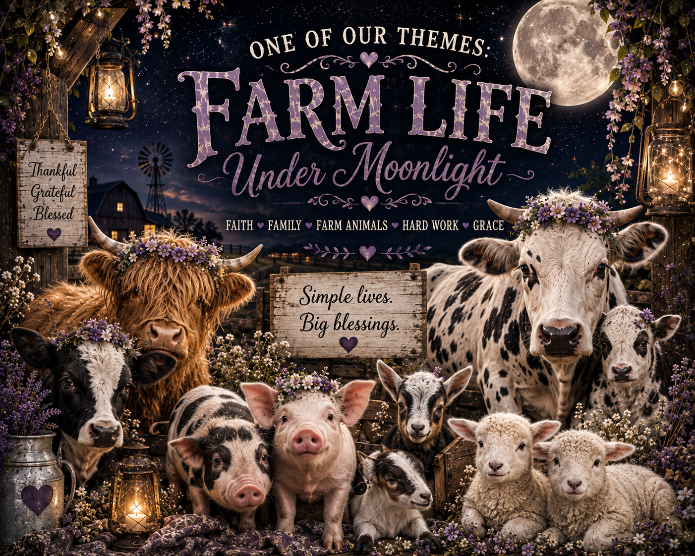 Farm Life Under Moonlight scoop theme artwork with cows, pigs, goats, sheep, a barn, windmill, lanterns, flowers, and moonlight