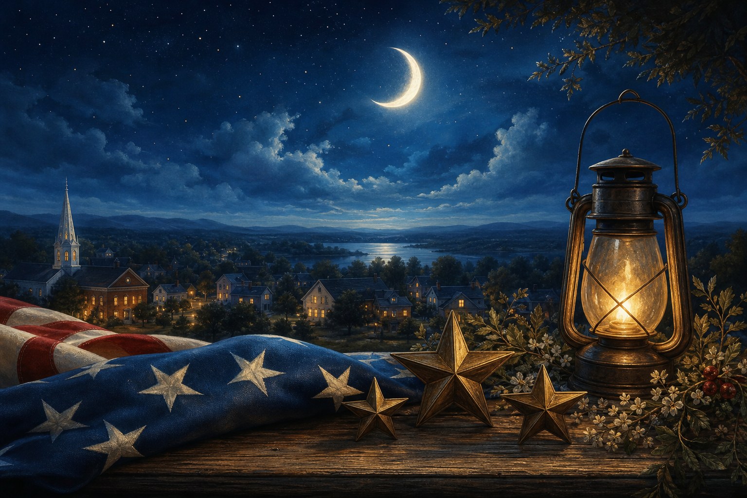 A moonlit town, a glowing lantern, and a folded American flag for the Moonlit Heroes Scoop theme