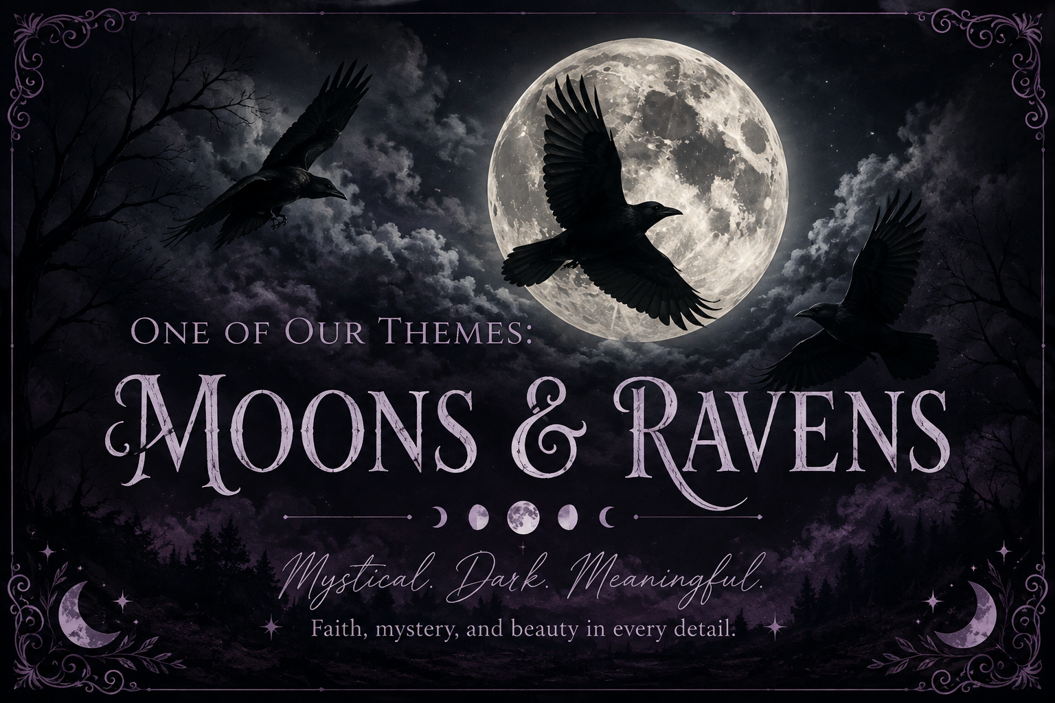 Moons and Ravens scoop theme artwork with ravens flying in front of a full moon