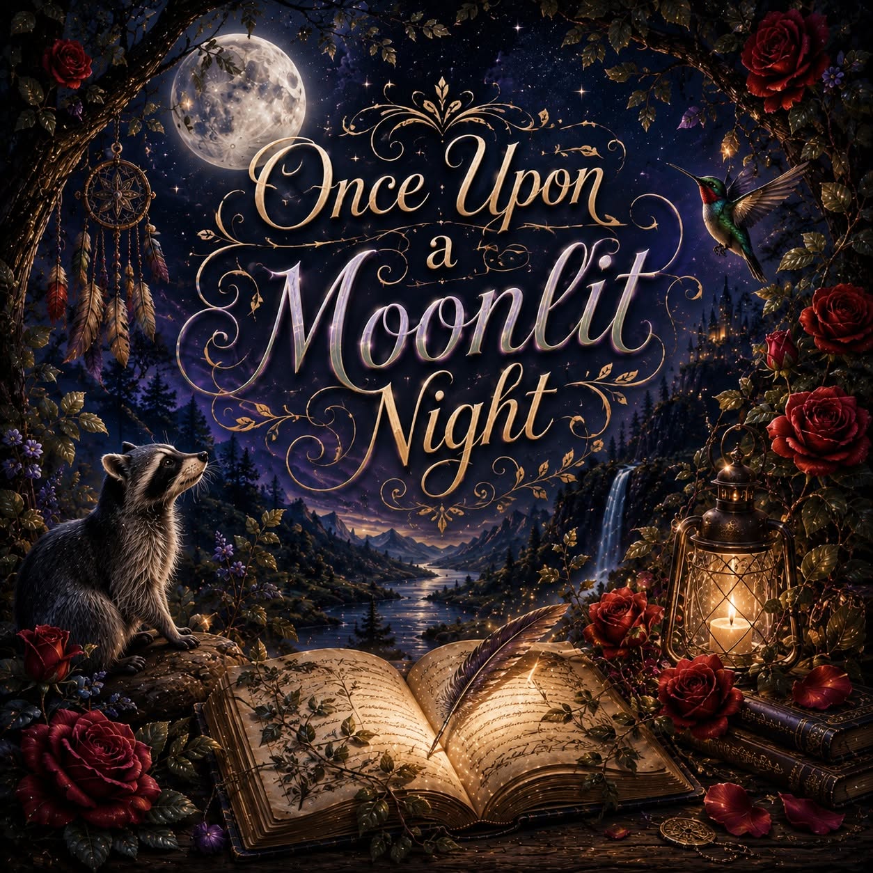 Once Upon a Moonlit Night Scoop Theme artwork with a storybook, flowers, lanterns, and moonlight