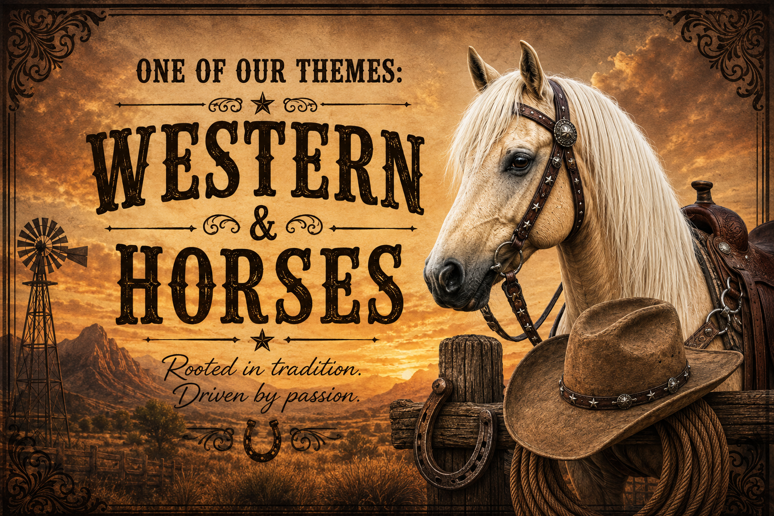 Western and Horses scoop theme artwork with a palomino horse, cowboy hat, rope, horseshoe, and windmill