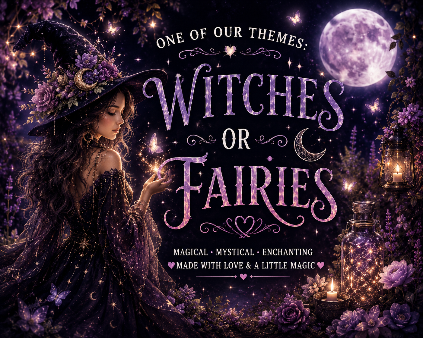 Witches or Fairies scoop theme artwork with a moonlit witch, magical butterflies, flowers, lantern, and glowing potion bottle