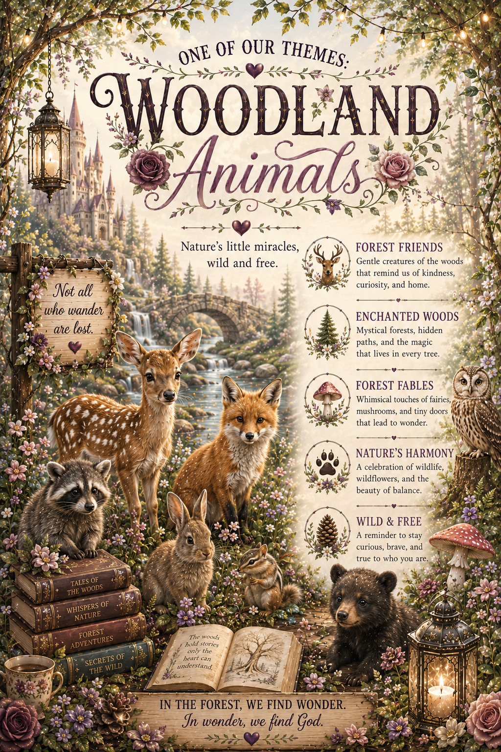 Woodland Animals scoop theme artwork with a deer, fox, raccoon, rabbit, owl, bear, woodland flowers, and an enchanted forest