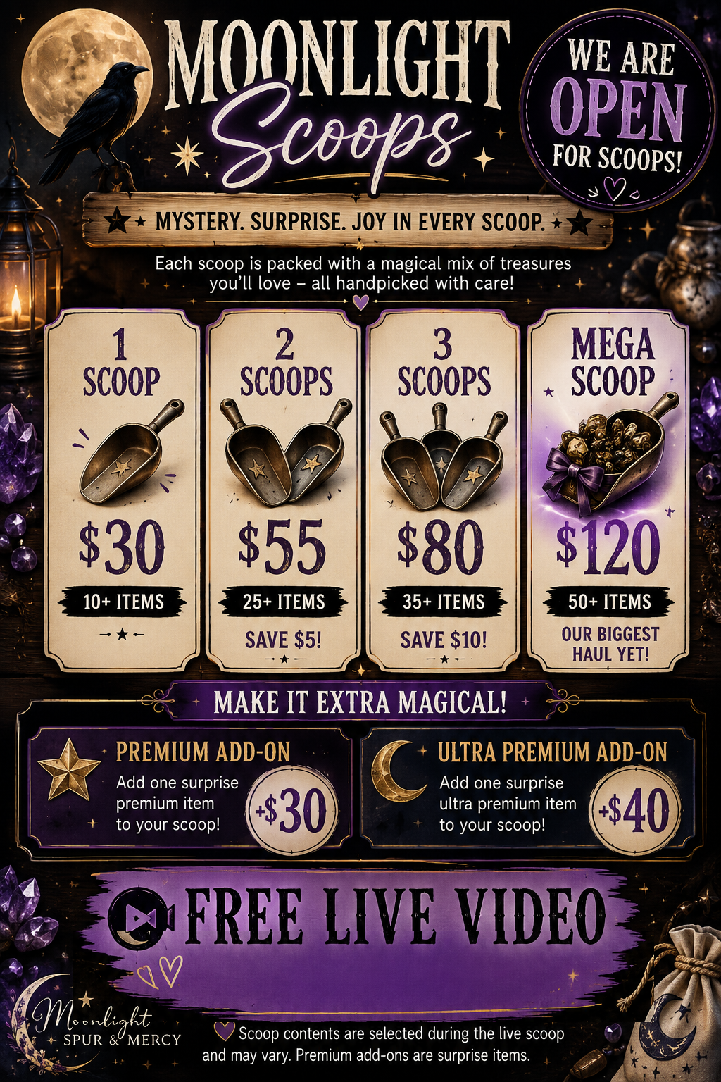 Moonlight Scoops options with one, two, three, and Mega Scoops, plus premium add-ons and a live video for $15