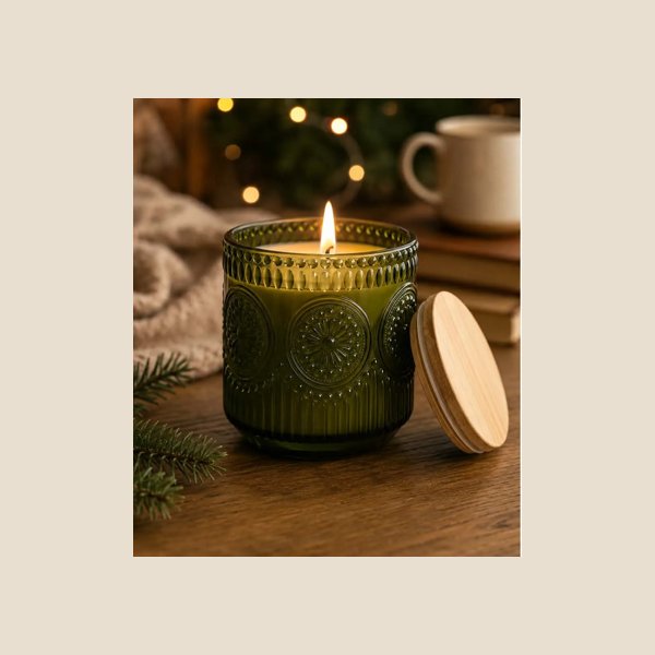 Green hand-poured candle in a textured glass jar with a wooden lid
