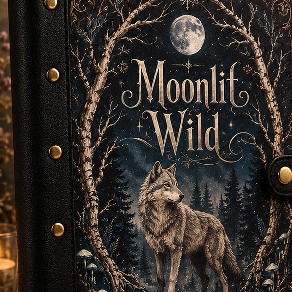 Moonlit Wild wolf journal with a pen on a wooden surface