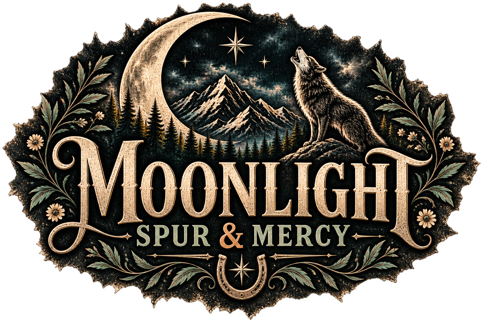 Moonlight Spur and Mercy artwork with a wolf, crescent moon, mountains, and wildflowers
