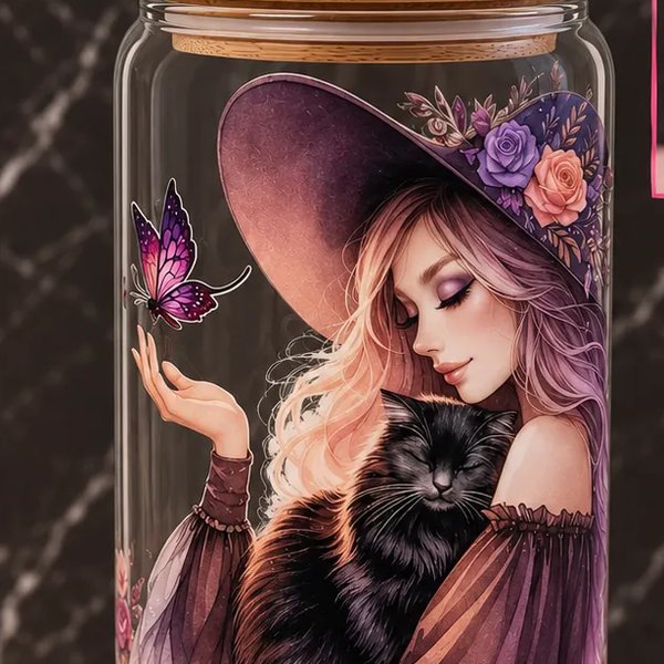 Moonlit Cat Witch glass cup with a black straw and colorful floral design