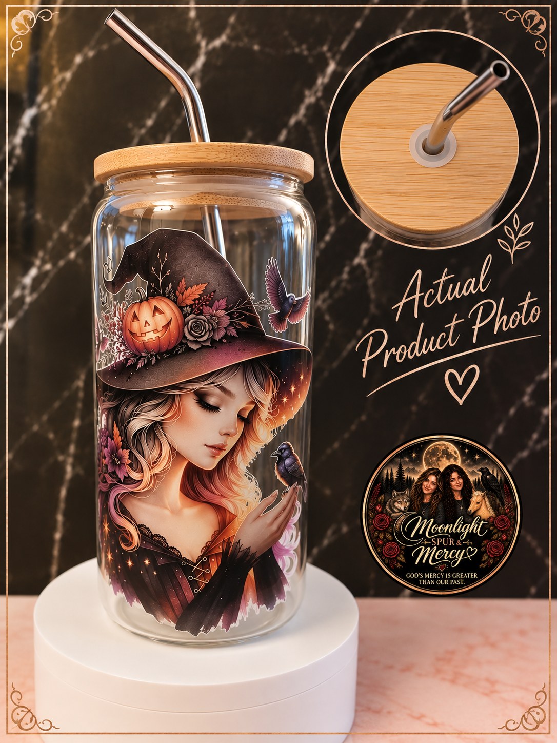 Autumn Raven Witch clear glass cup with a witch, pumpkins, and a black raven