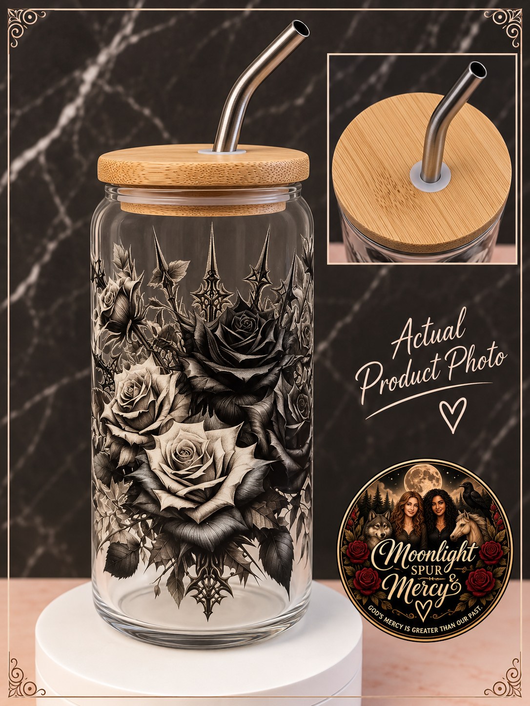 Gothic Rose Garden clear glass cup with black and silver roses