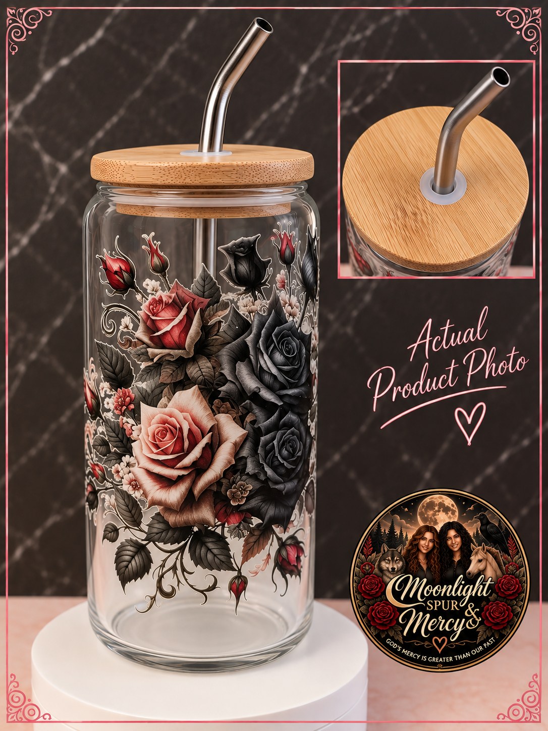 Midnight Rose Garden clear glass cup with red, black, and cream roses