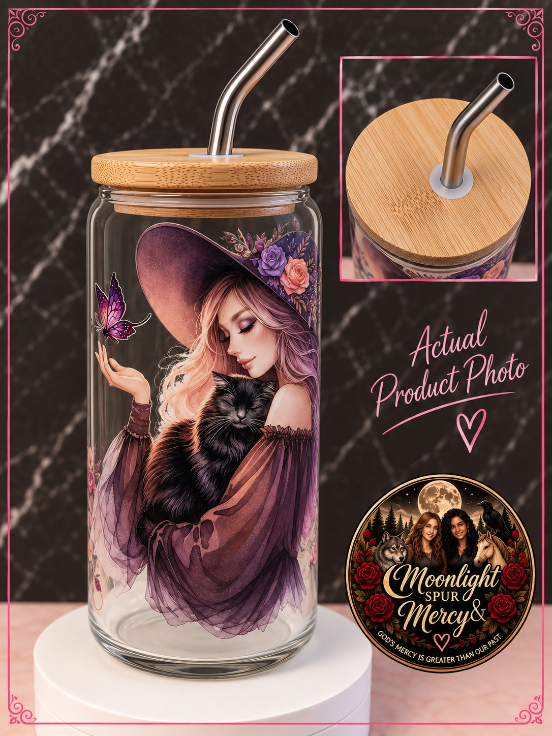 Moonlit Cat Witch clear glass cup with a pink-haired witch, black cat, and butterfly