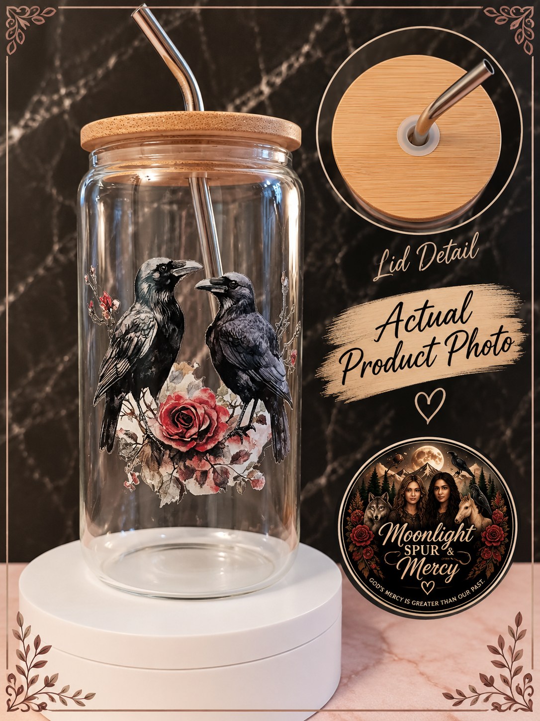 Ravens in Bloom clear glass cup with two ravens and a red rose
