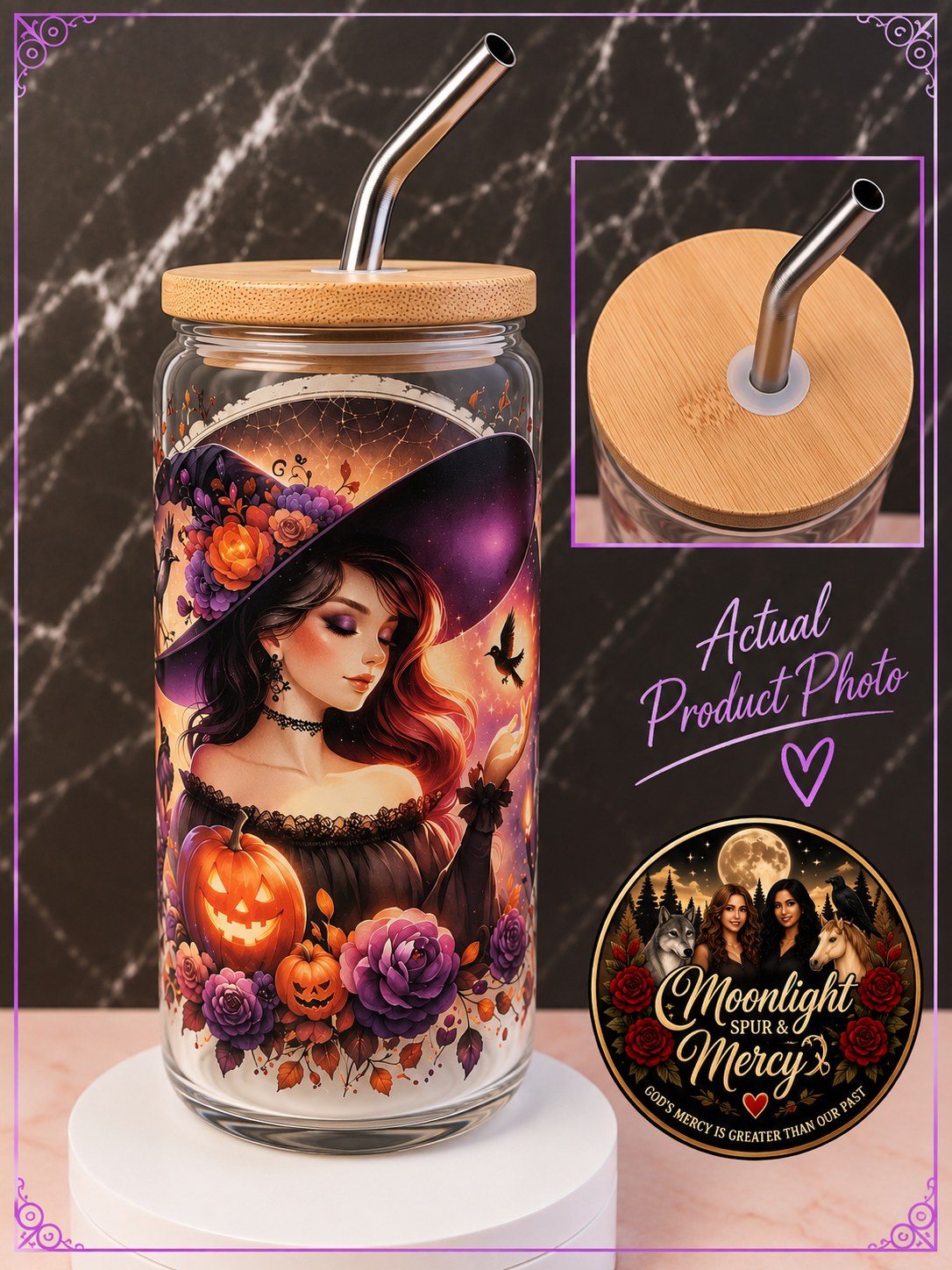 Violet Moon Witch clear glass cup with a purple witch, pumpkins, and a flying raven