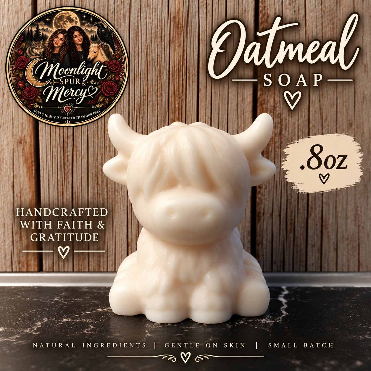 Handmade Highland Cow oatmeal soap in a soft cream color