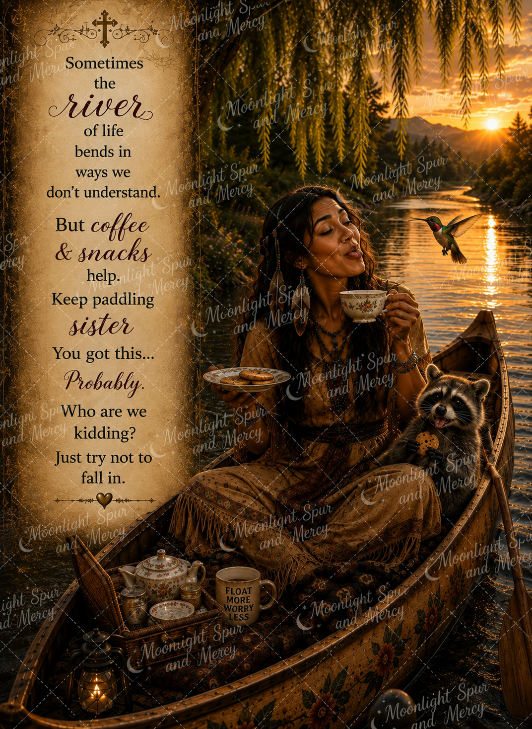 Moonlit Storybook artwork reading Keep Paddling, Sister, with a woman in a canoe having coffee and snacks at sunset