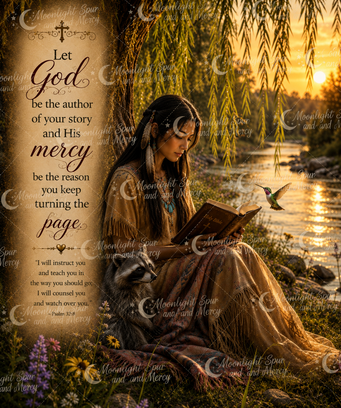 Moonlit Storybook artwork reading Let God be the author of your story, with a woman reading beside a river at sunset and Psalm 32:8