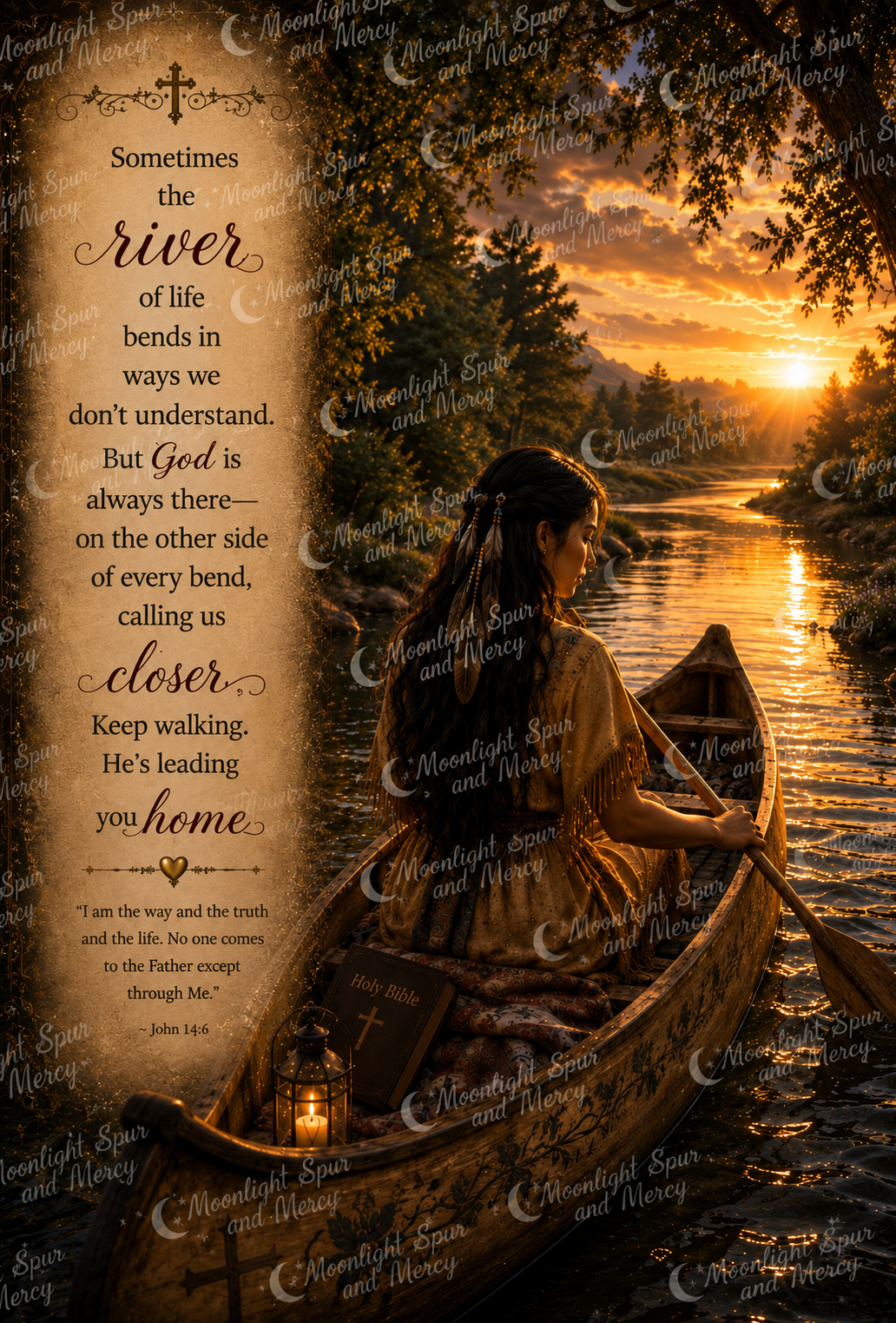 Moonlit Storybook artwork about the river of life, with a woman in a canoe at sunset and John 14:6