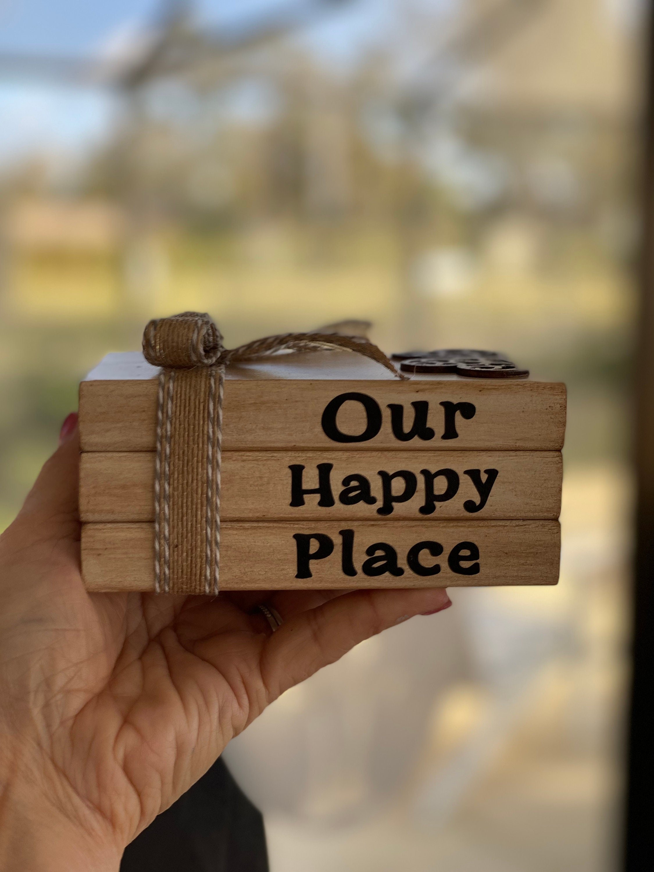 Home Our Happy Place Wooden Book Stack, Tiered Tray Decor, detail 3