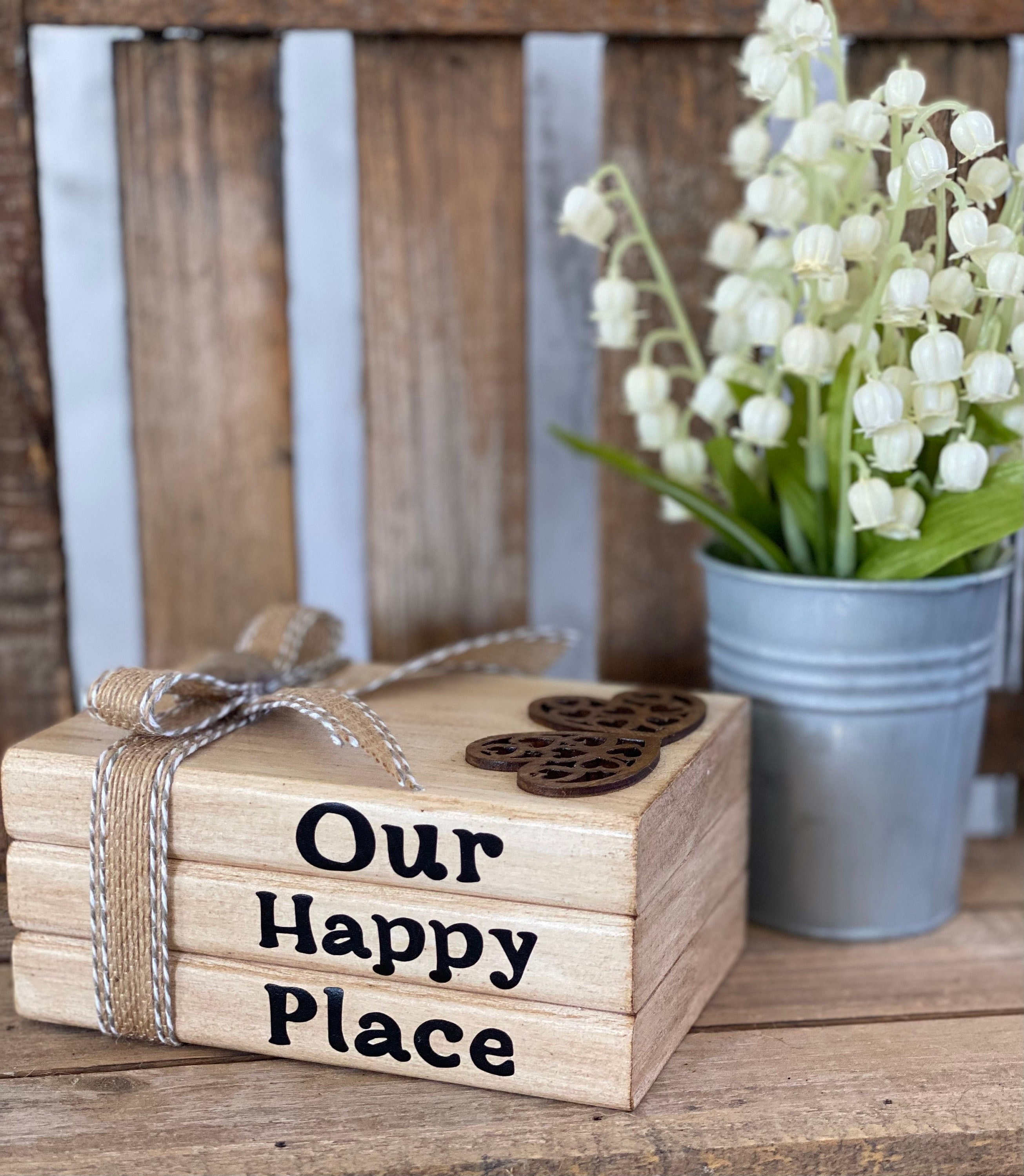 Home Our Happy Place Wooden Book Stack, Tiered Tray Decor