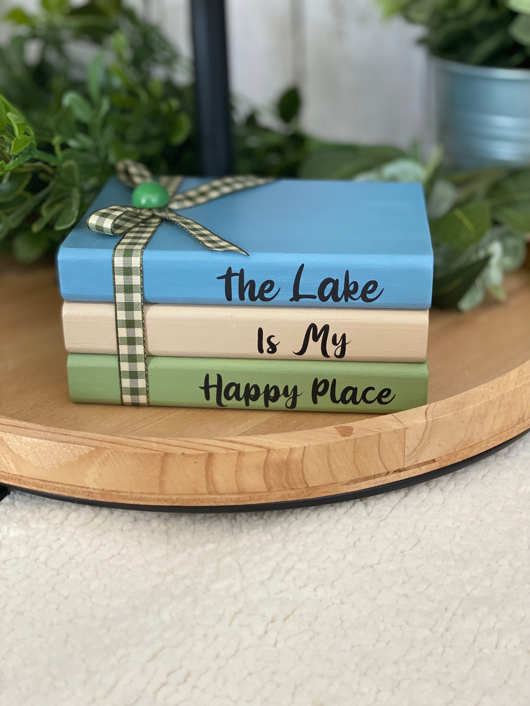 Lake House Wooden Book Stack, Tiered Tray Decor, detail 3