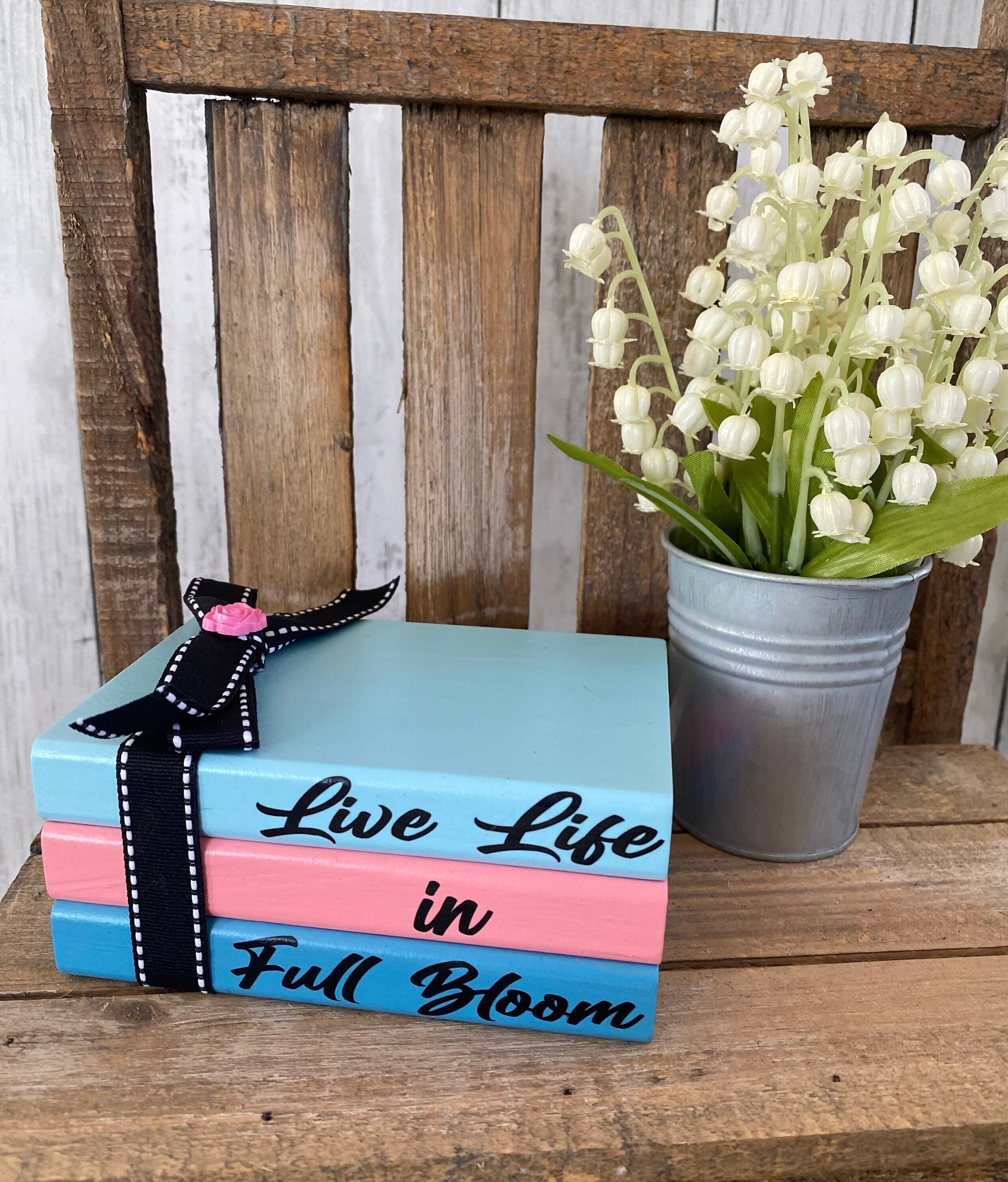 Live Life Full Bloom Wooden Mini Book Stack: Tiered Tray Decor, Shelf...