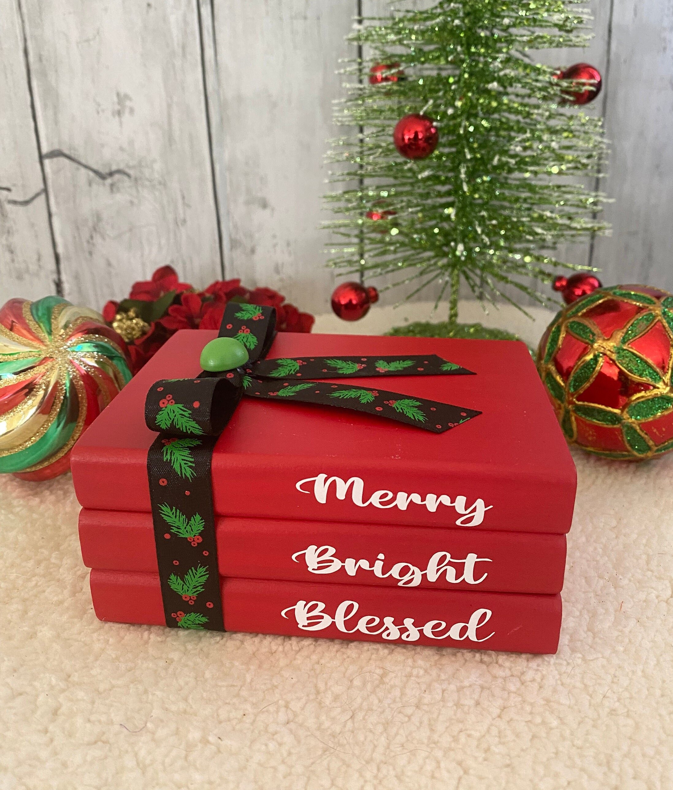 Merry Bright Blessed Wood Mini Book Stack - Holiday Tiered Tray Decor...