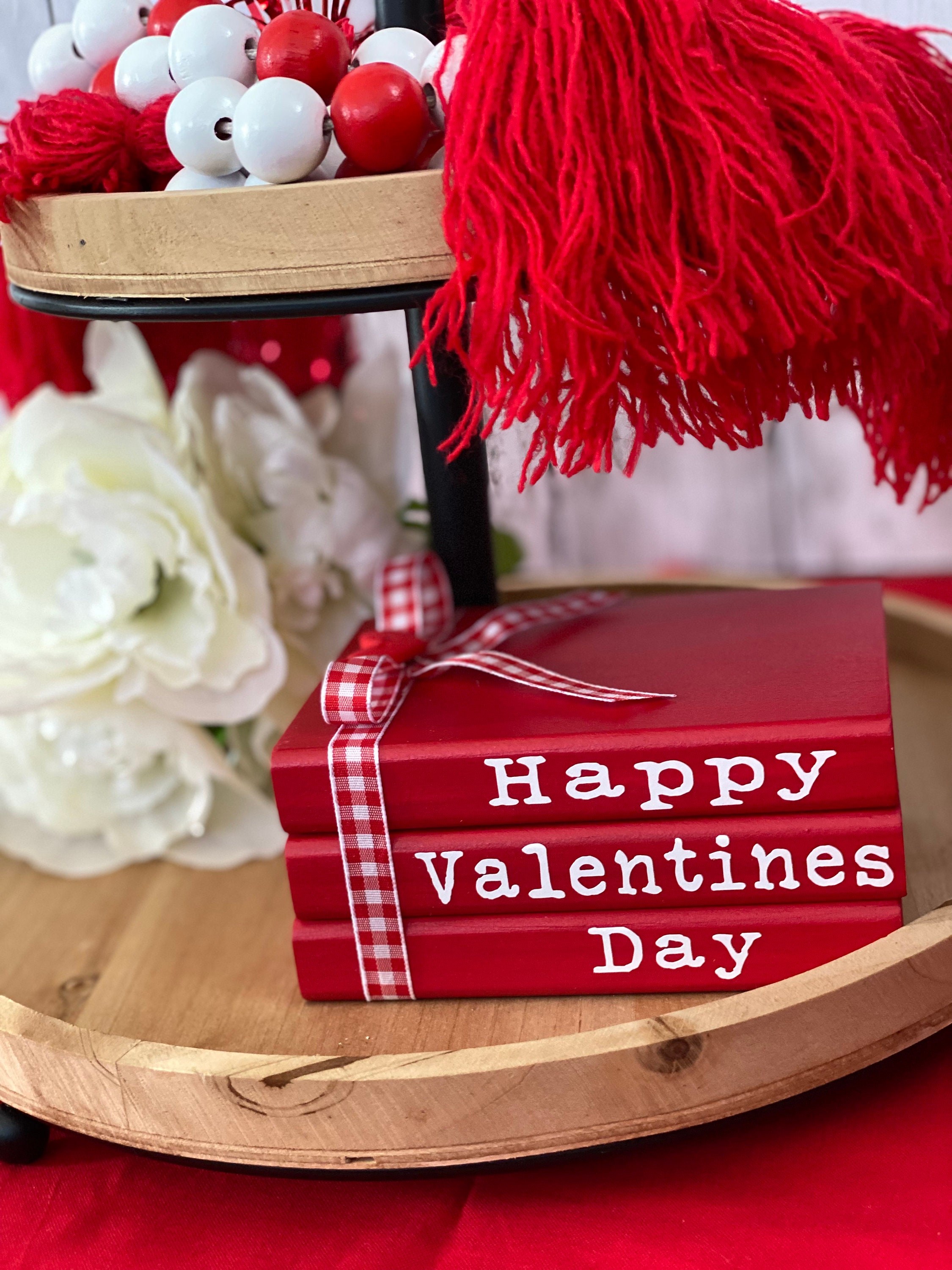Valentines Day Wood Book Stack, Tiered Tray Decor, detail 2
