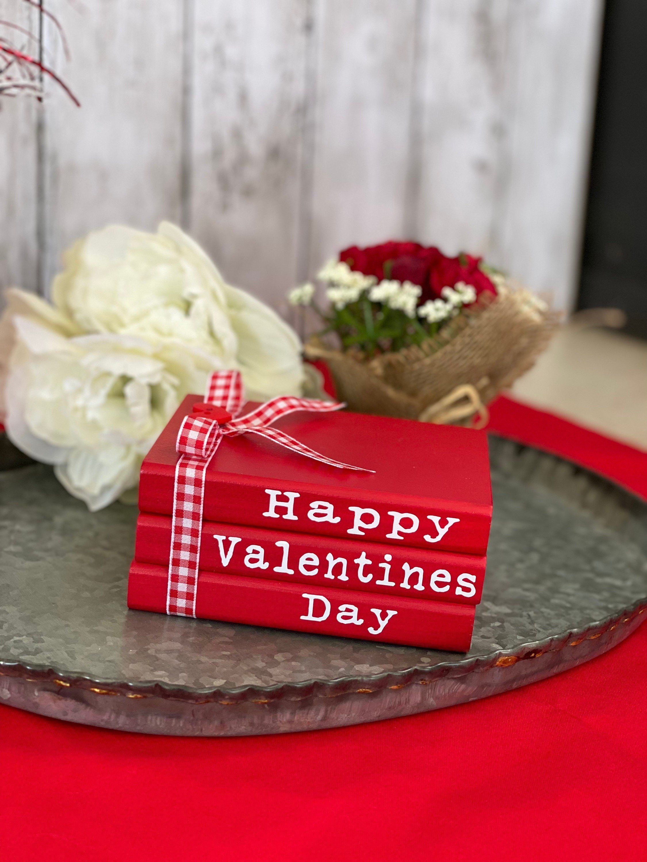 Valentines Day Wood Book Stack, Tiered Tray Decor
