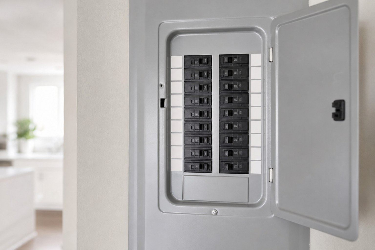 Open residential electrical panel with circuit breakers