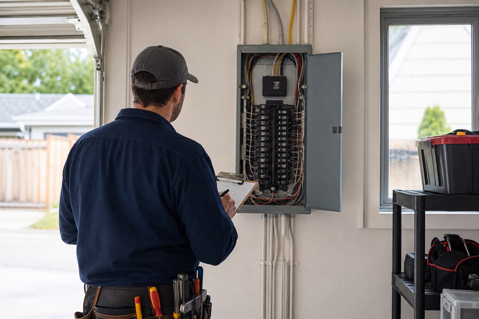 Electrician assessing a home electrical panel with a clipboard