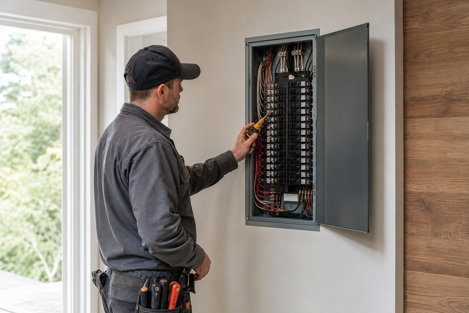 Electrician inspecting a residential electrical panel