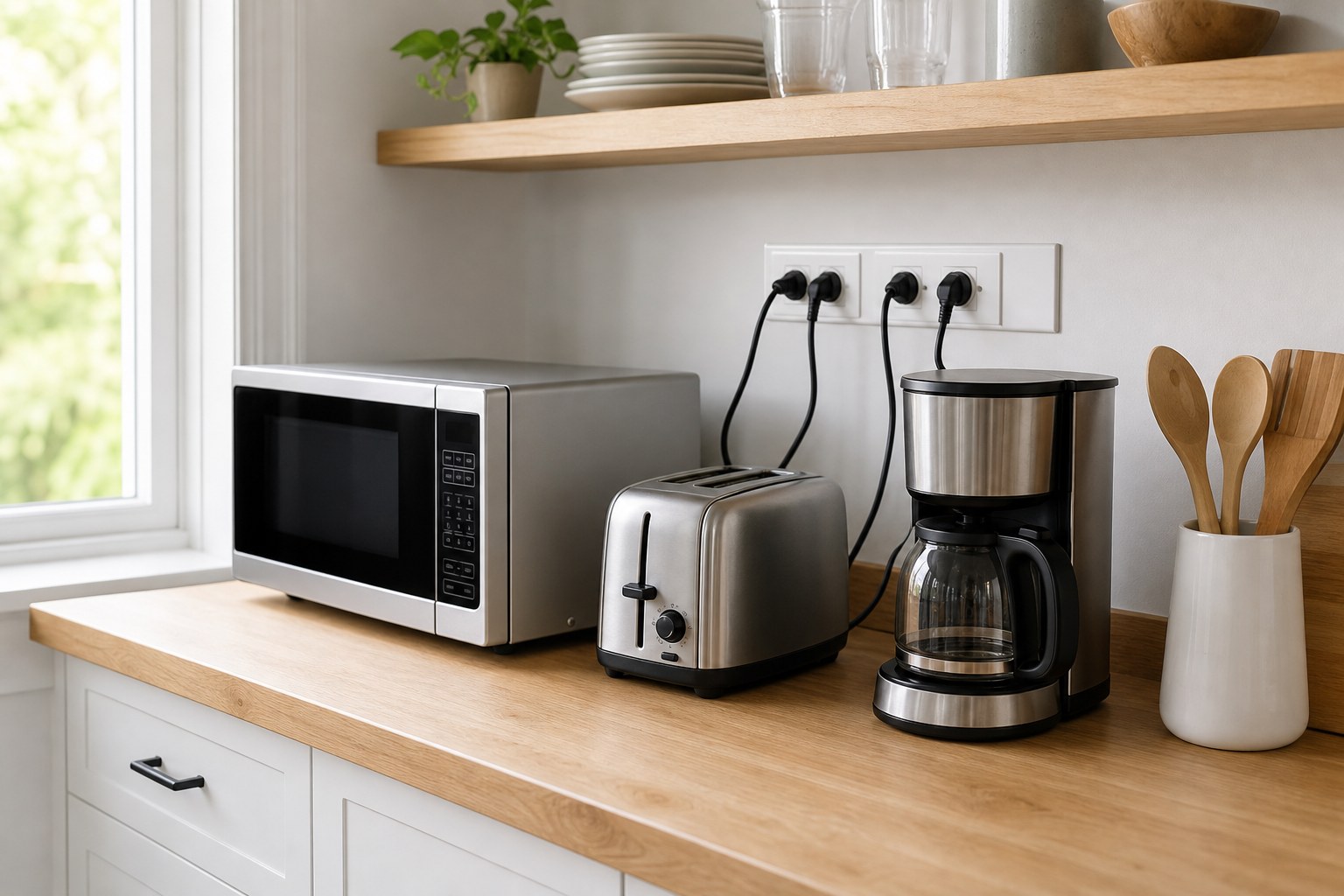 Microwave, toaster, and coffee maker on a kitchen counter