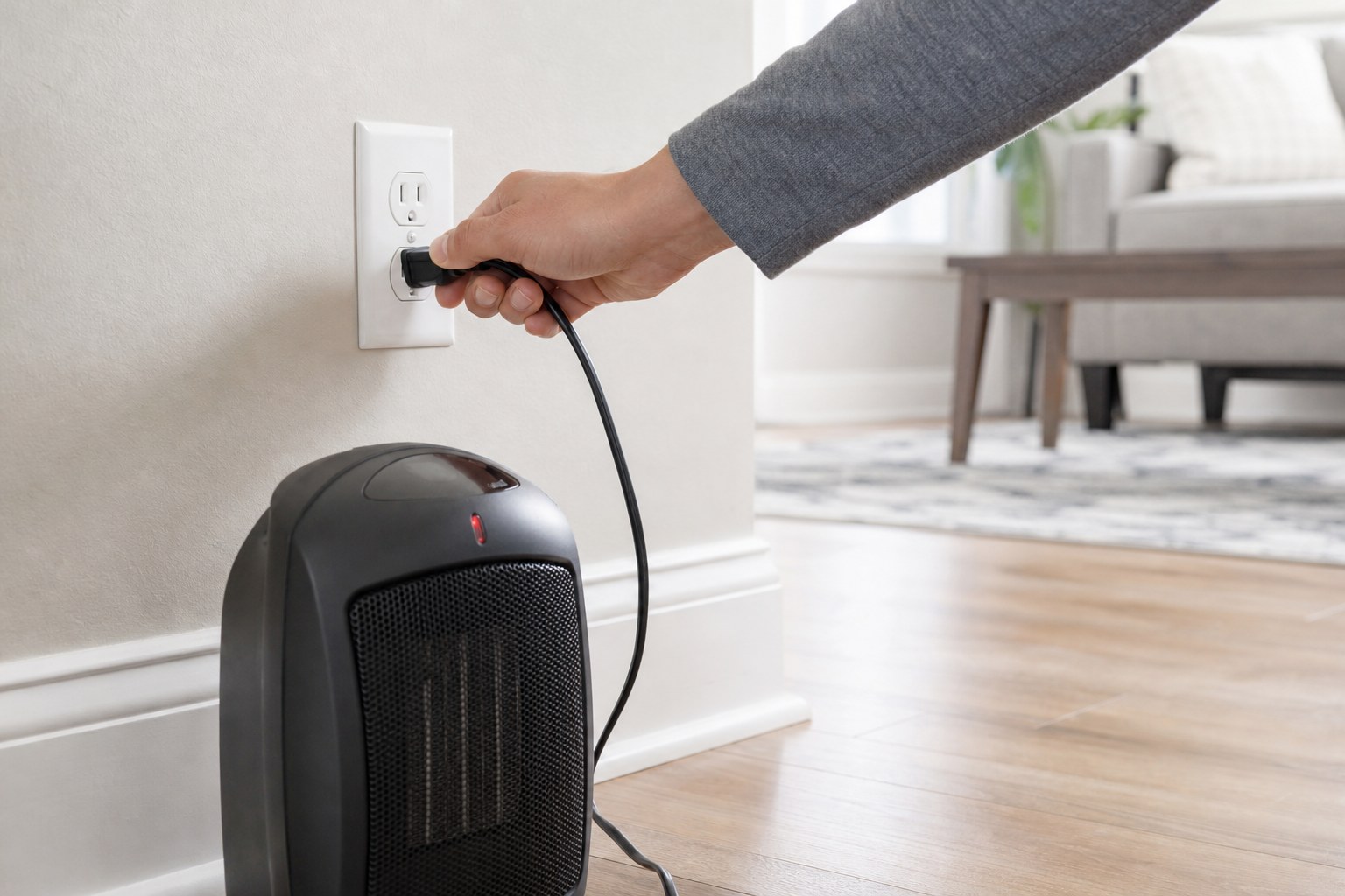 Homeowner unplugging a portable space heater