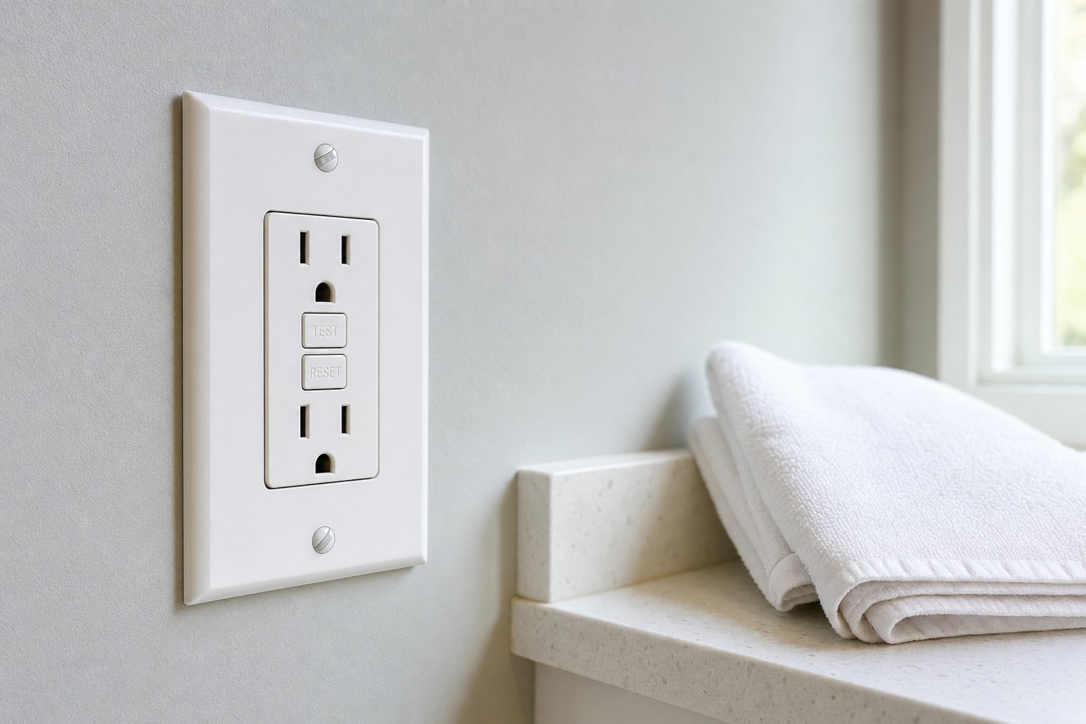 GFCI outlet in a bathroom beside folded towels