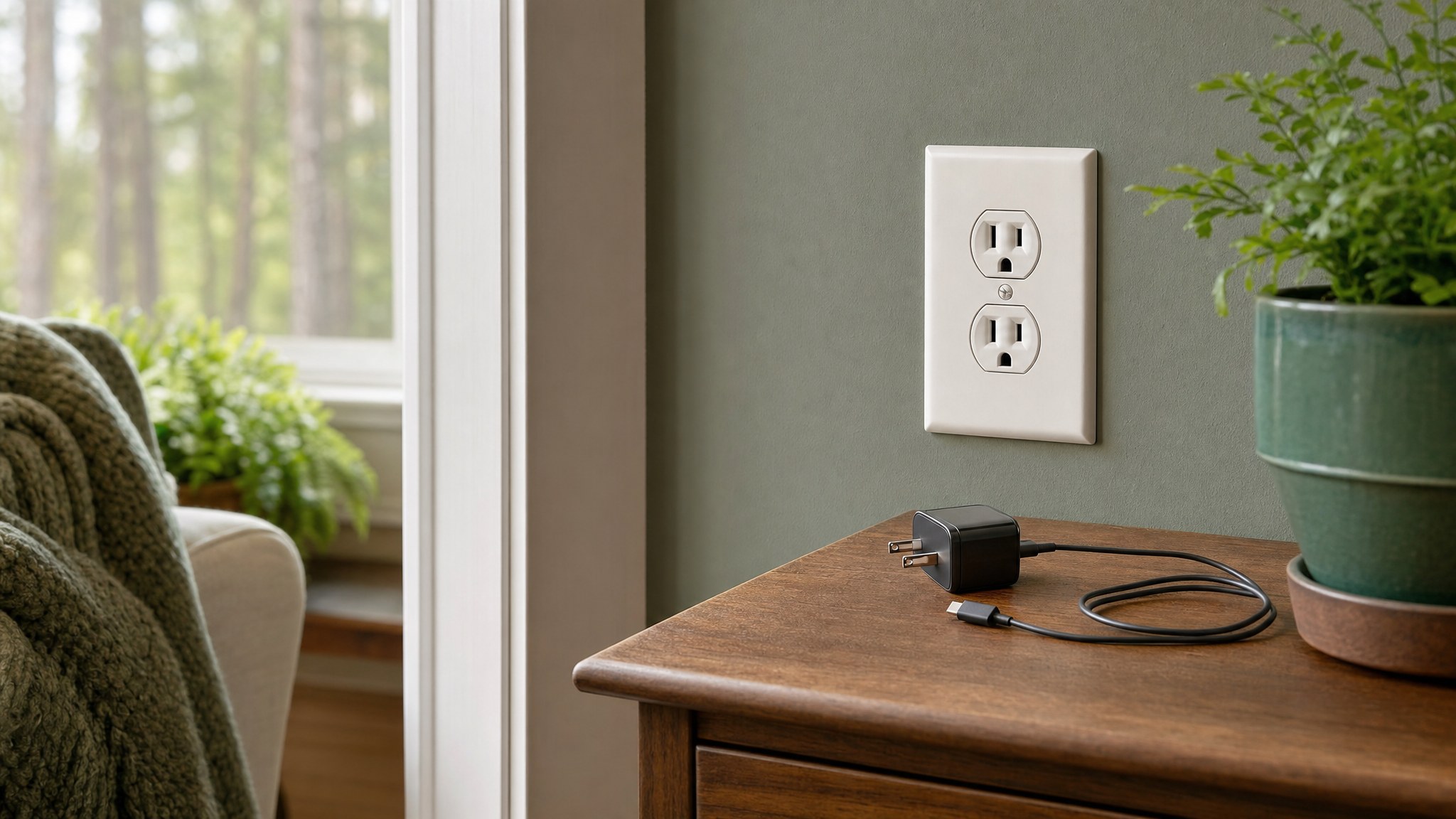 Unplugged phone charger beside a residential wall outlet