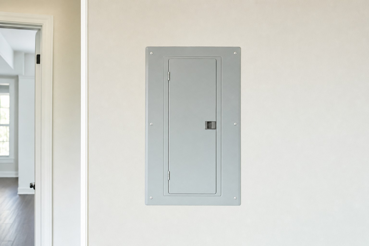 Closed residential electrical panel on an interior wall