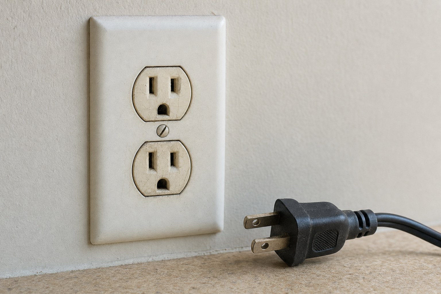 Worn wall outlet and unplugged cord