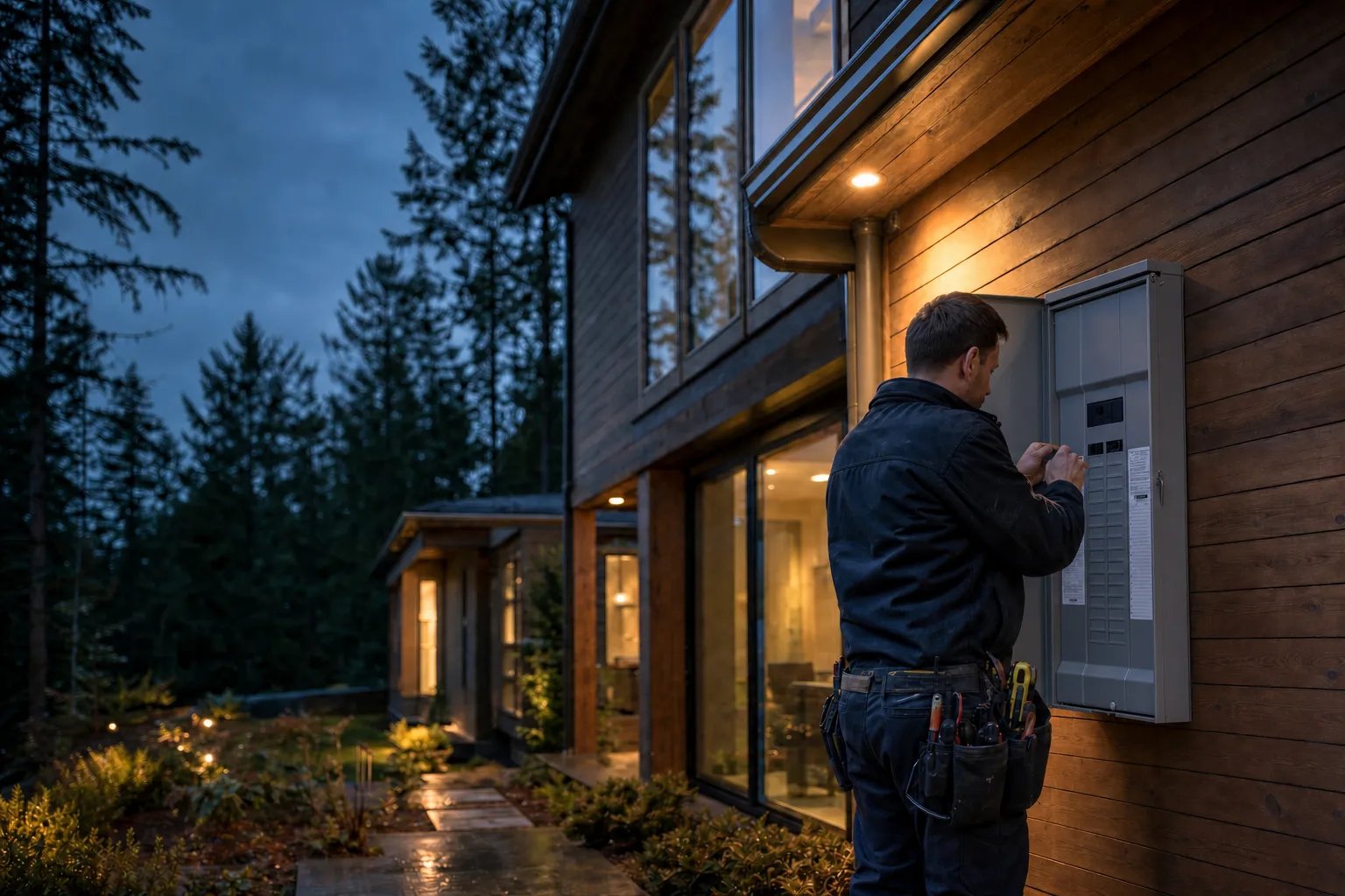 Electrician inspecting an exterior electrical panel beside a warmly lit cedar-sided home