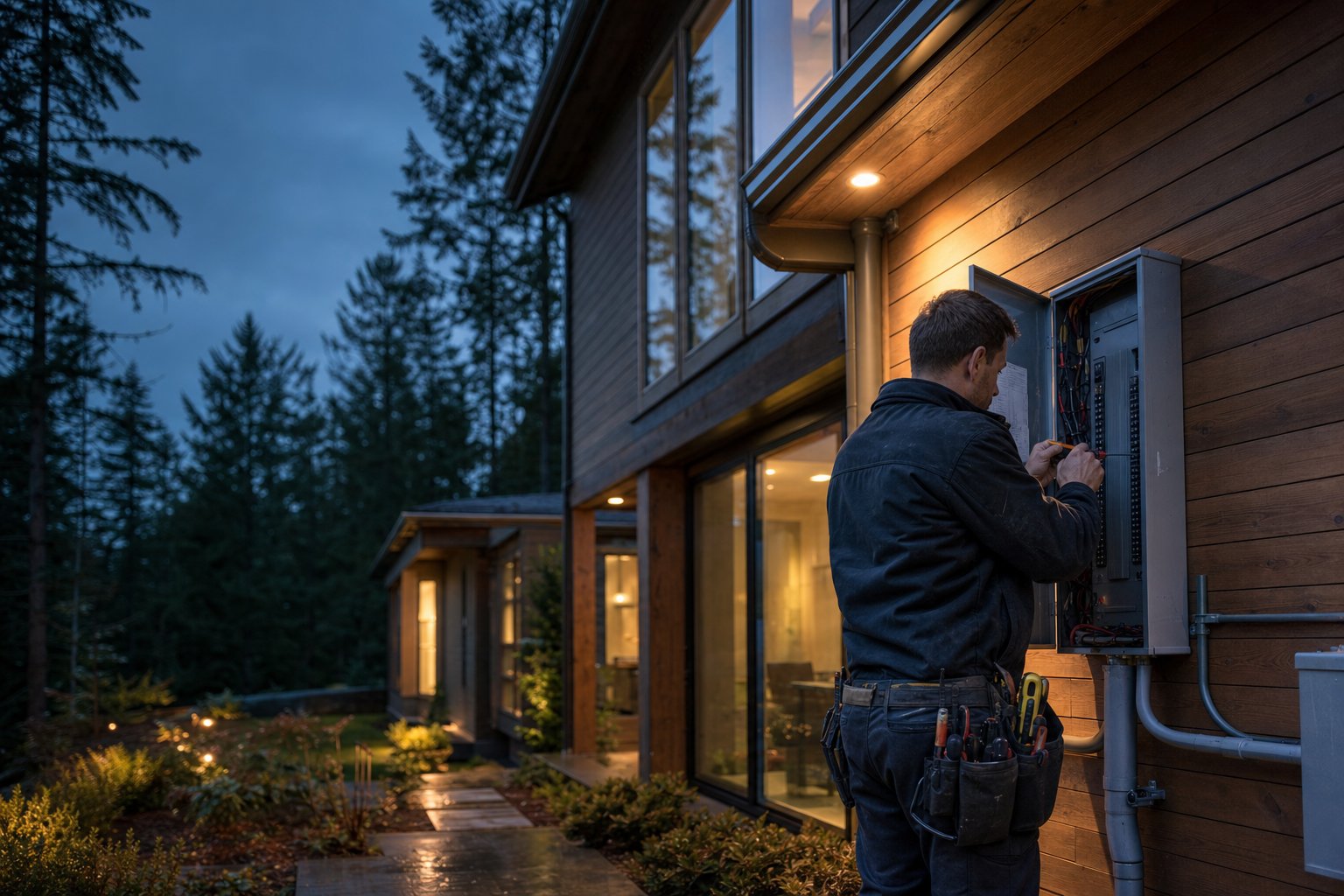 Electrician working carefully beside a Pacific Northwest home
