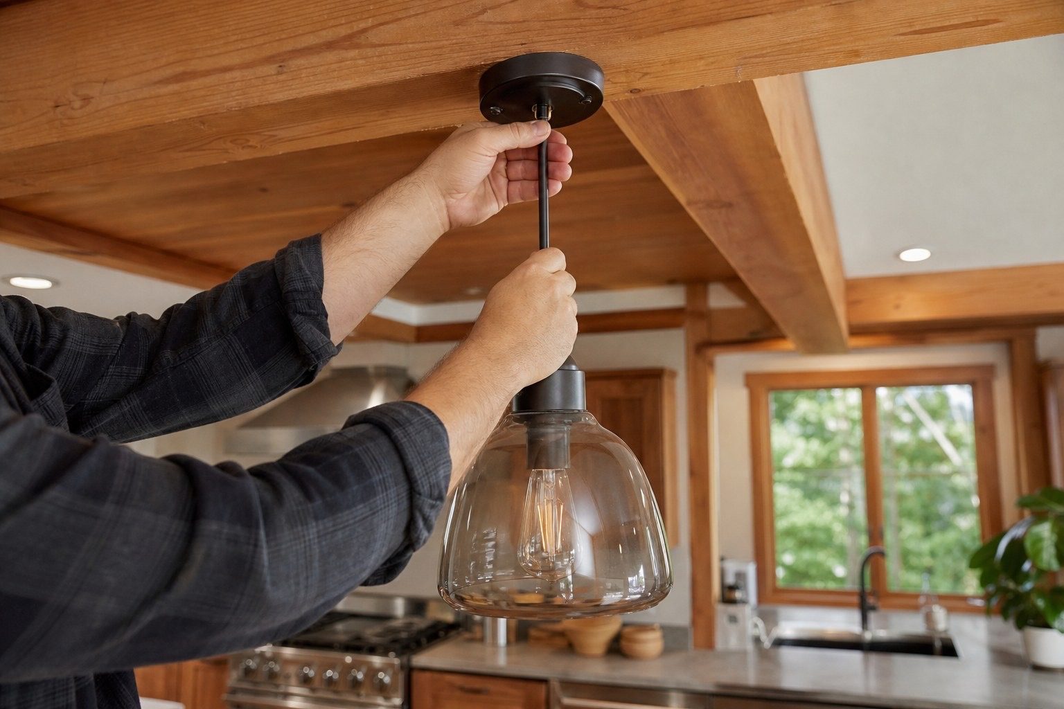 Electrician installing a glass pendant light beneath a wood ceiling