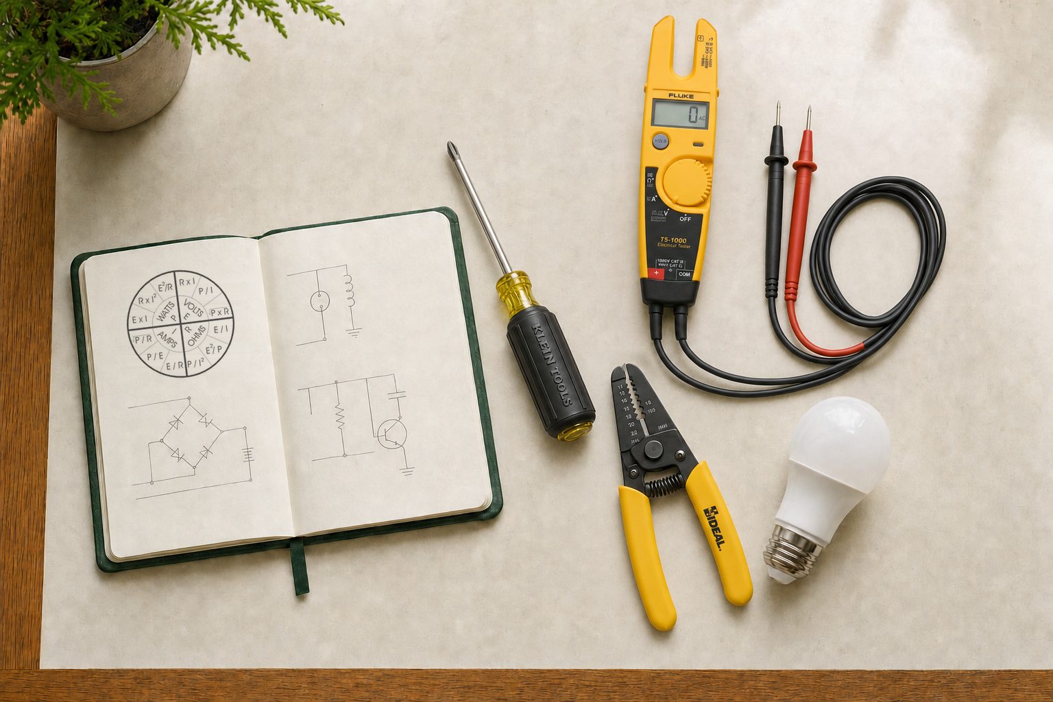 Fluke T5-1000 tester and leads, Klein screwdriver, IDEAL wire strippers, light bulb, and circuit notebook