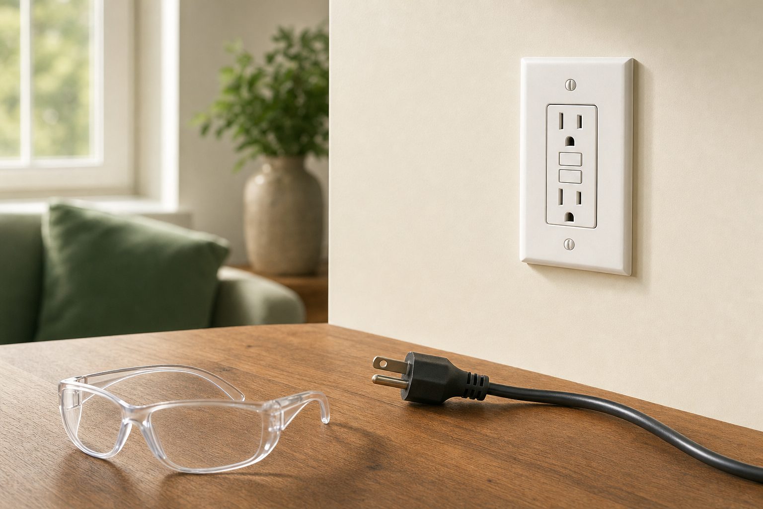 GFCI outlet, unplugged cord, and safety glasses in a tidy home